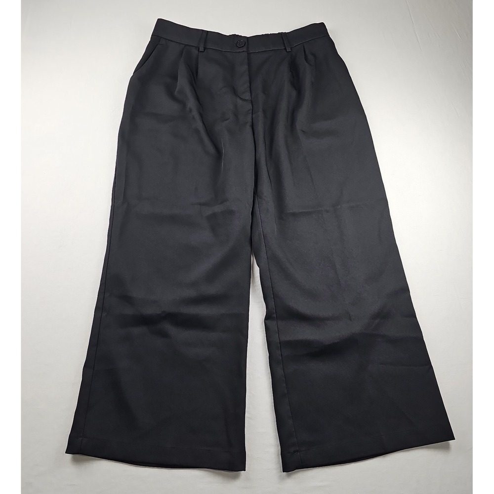 Funyyzo Womens Black Pleated Wide Leg Pockets Dress Pants Size XL Elastic Waist